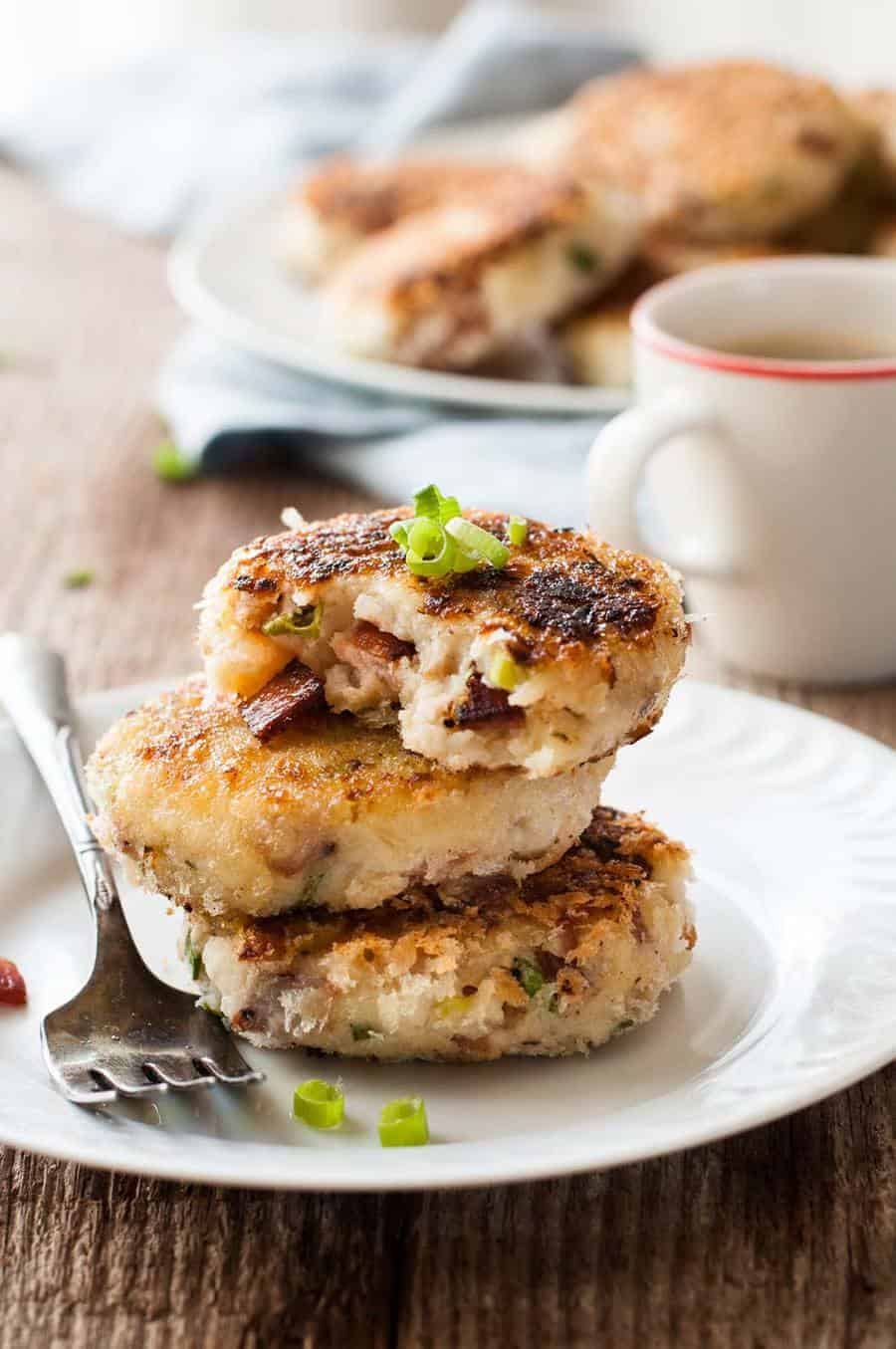A stack of Mashed Potato Cakes with Cheese & Bacon