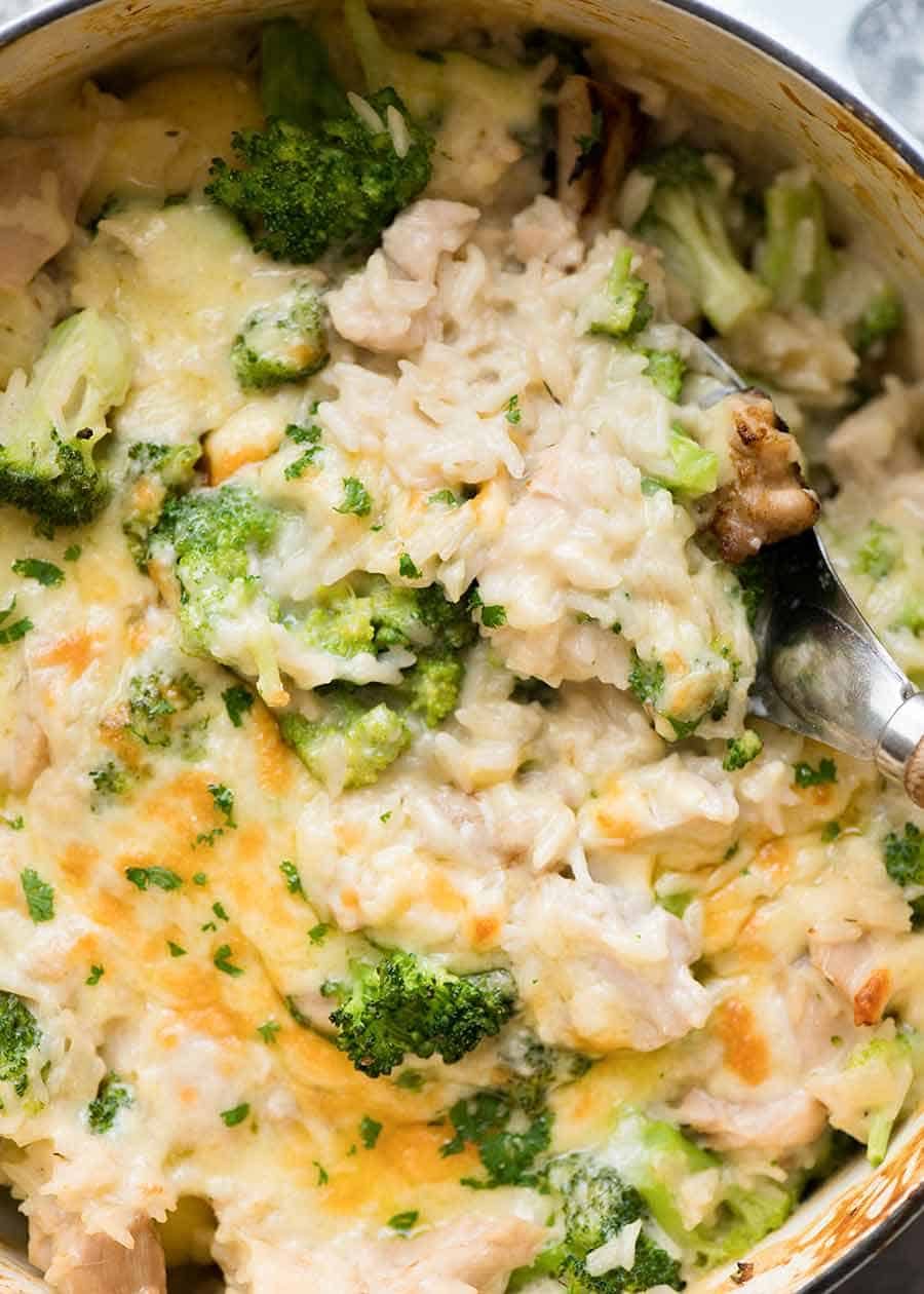 Overhead photo of One Pot Chicken Broccoli Rice Casserole, fresh off the stove