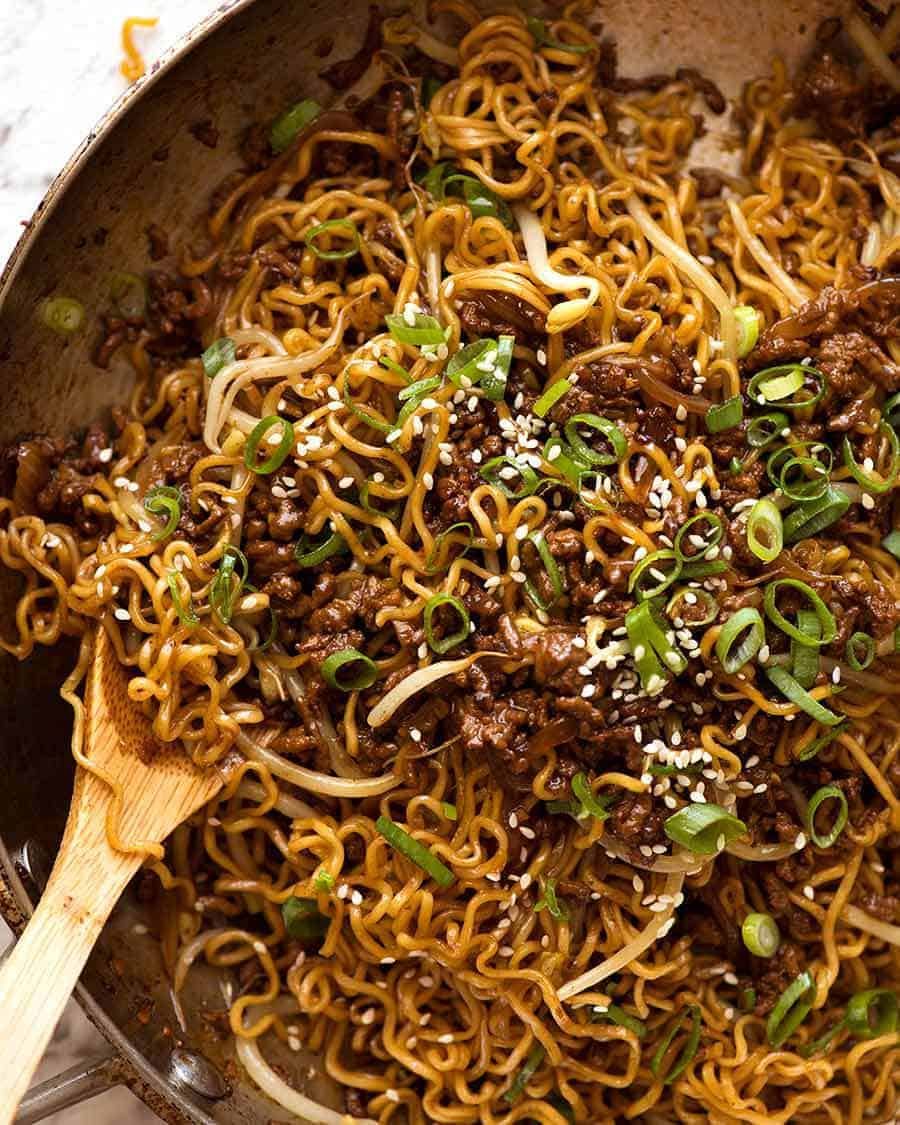 Quick Asian Beef Ramen Noodles (ground beef) in a skillet, fresh off the stove