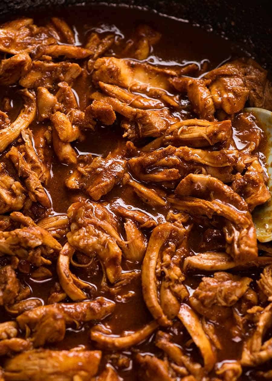 Mexican flavoured chicken seared, shredded then tossed in taco sauce