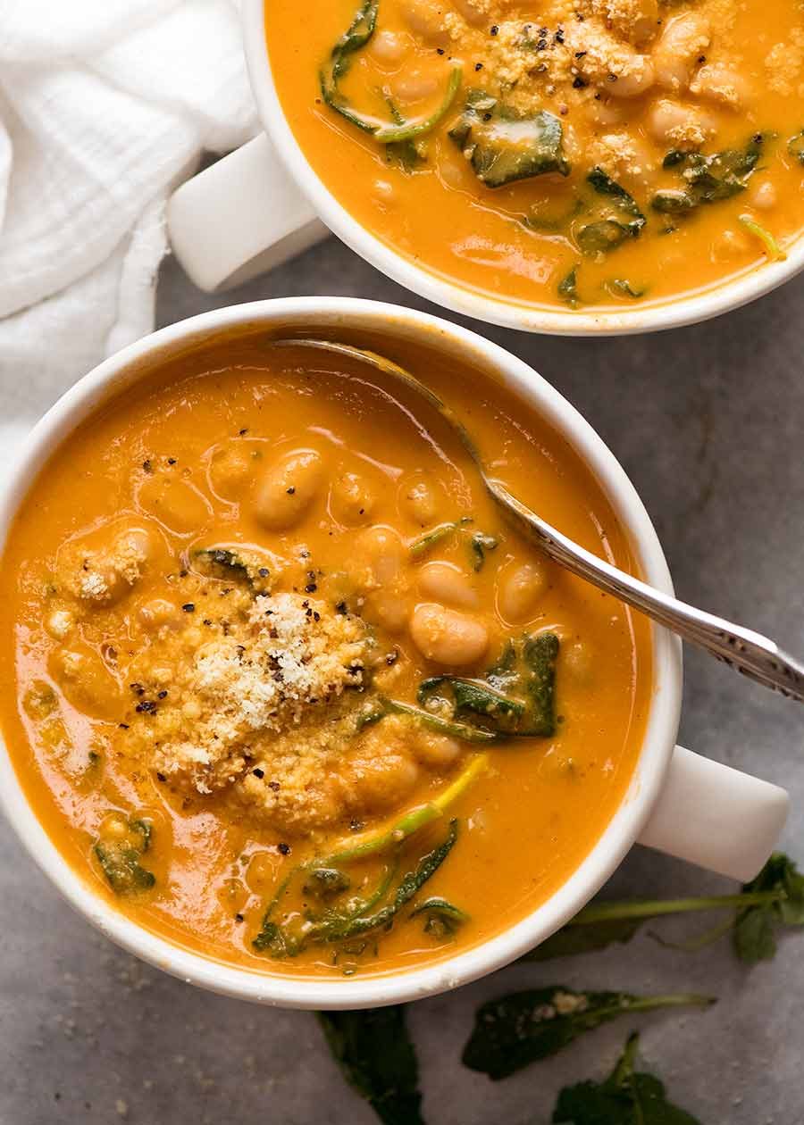 Two bowls of Creamy Tomato Bean Soup