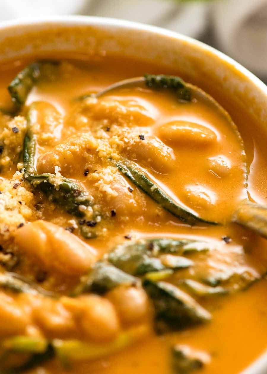 Close up of creamy tomato White Bean Soup in a bowl