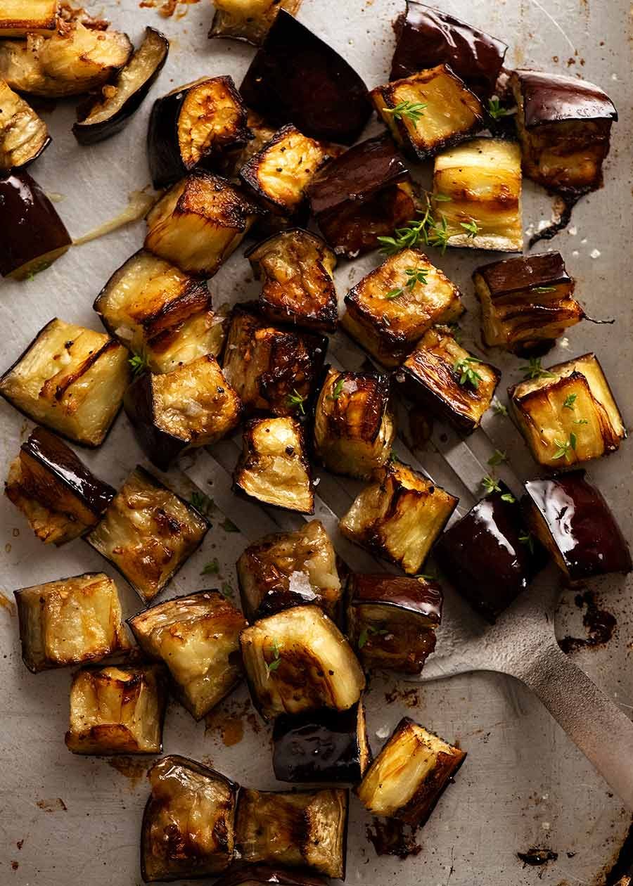 Overhead photo of Oven Roasted Eggplant on a tray, fresh out of the oven